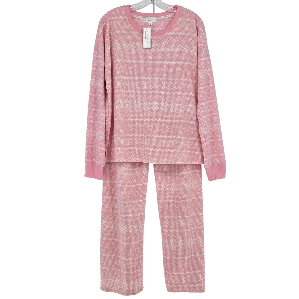 PJ Salvage NEW Women's Large Pink Dream Fair Isle Fleece Pajama 2 Piece Set Snow